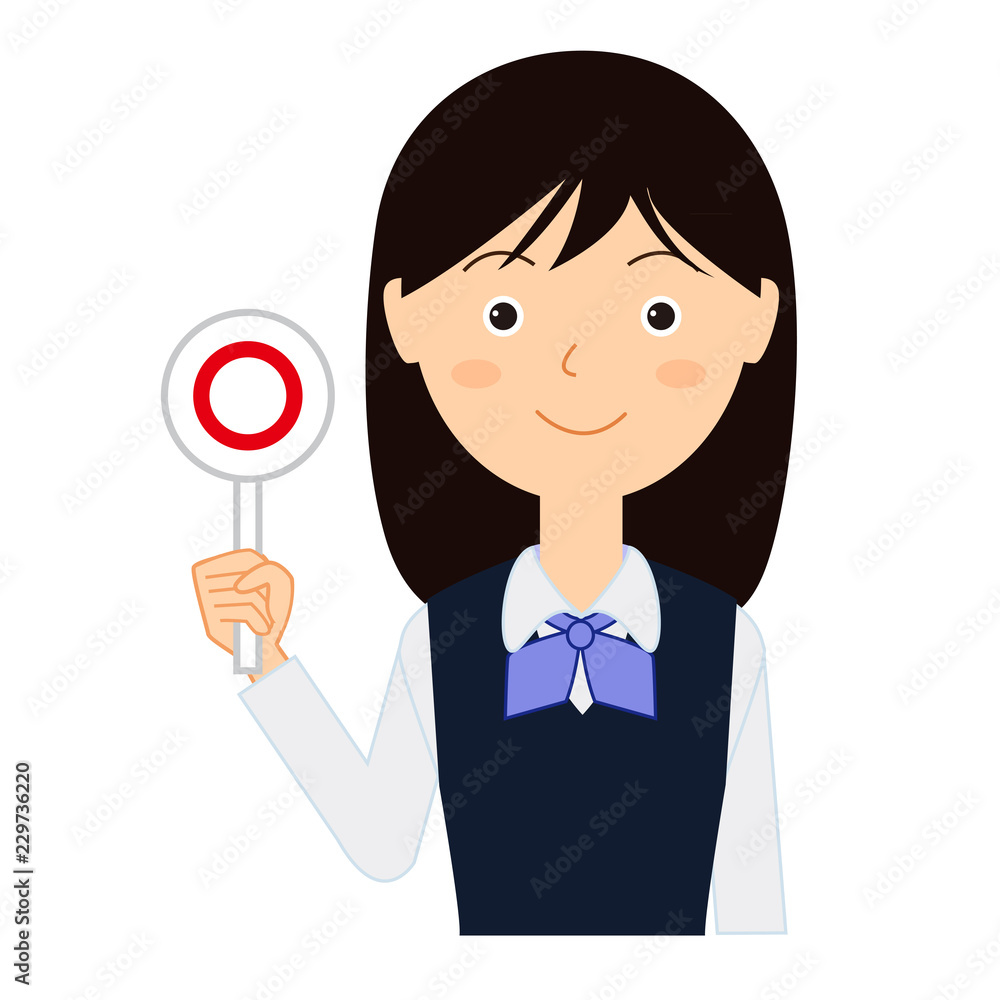 まるの札を持つ制服の女性会社員 まるの札を持つ制服の女性会社員