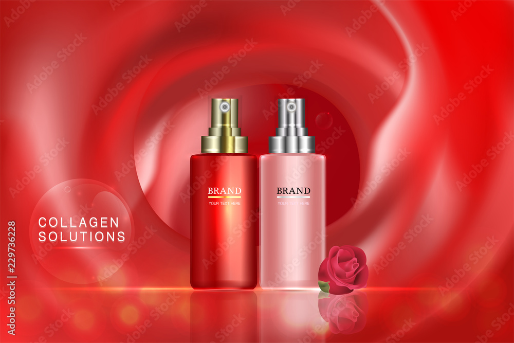 Beauty product, red and pink cosmetic containers with advertising background ready to use, luxury skin care ad, illustration vector. Beauty product, red and pink cosmetic containers with advertising background ready to use, luxury skin care ad, illustration vector.
