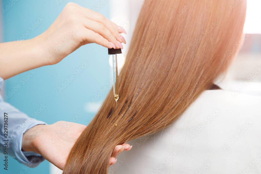 Fototapeta premium Master hairdresser applies oil to hair care for and restore growth of cuticles woman.