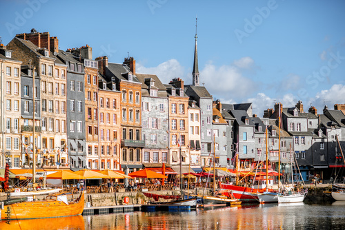 Obraz na płótnie Waterfront with beautiful old buildings in Honfleur, famous french town in Norma