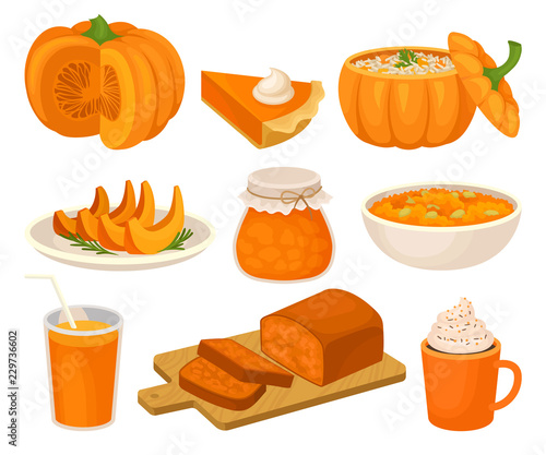 Pumpkin dishes set, pie, jam jar, fruitcake, porridge, spice whipped latte, smoothie vector Illustration on a white background