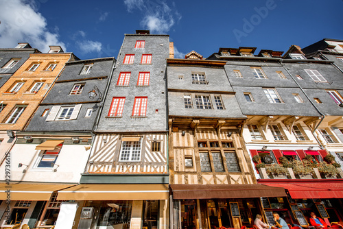 Photography Beautiful facades of the old buildings at the harbour of Honfleur, famous french