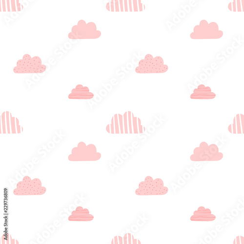 Seamless pattern of pink clouds on a transparent background. Vector image for holiday, baby shower, birthday, wrappers, print, clothes, cards, banner, textiles, girls