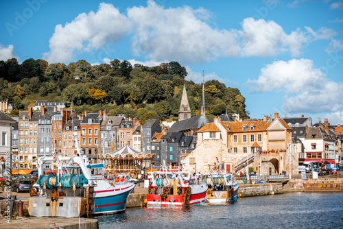 Landscape view of Honfleur during the sunny weather, famous french town in Normandy