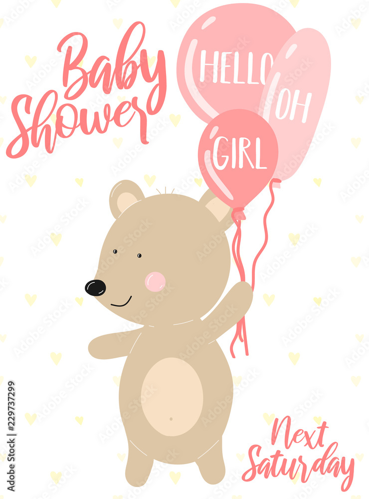 Vector illustration of a bear and pink balls on a background of hearts. Image for girls. Concept for holidays, baby shower, birthday, wrappers, print, clothes, cards, banner, textile, flyer. Vector illustration of a bear and pink balls on a background of hearts. Image for girls. Concept for holidays, baby shower, birthday, wrappers, print, clothes, cards, banner, textile, flyer.