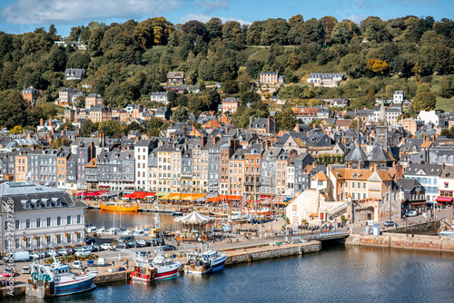 Canvas Print Aerial view on the port and old town of Honfleur, famous french city in Normandy