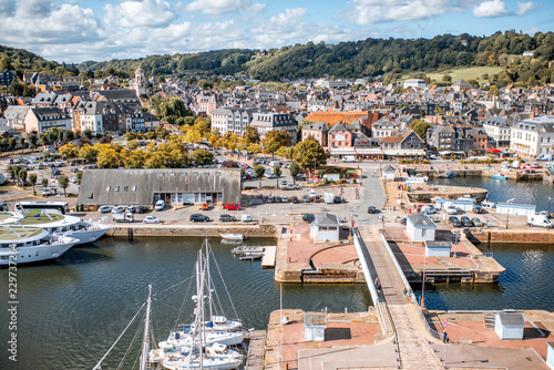 Aerial view on the port and old town of Honfleur  famous french city in Normandy