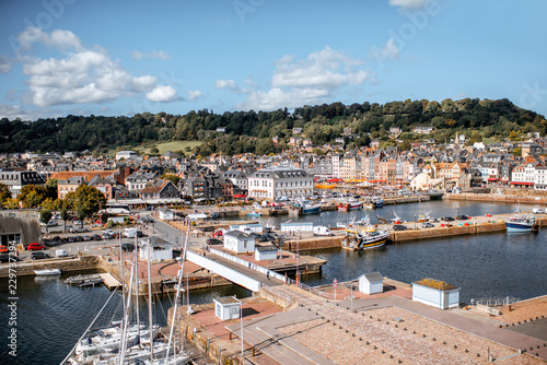 Aerial view on the port and old town of Honfleur, famous french city in Normandy