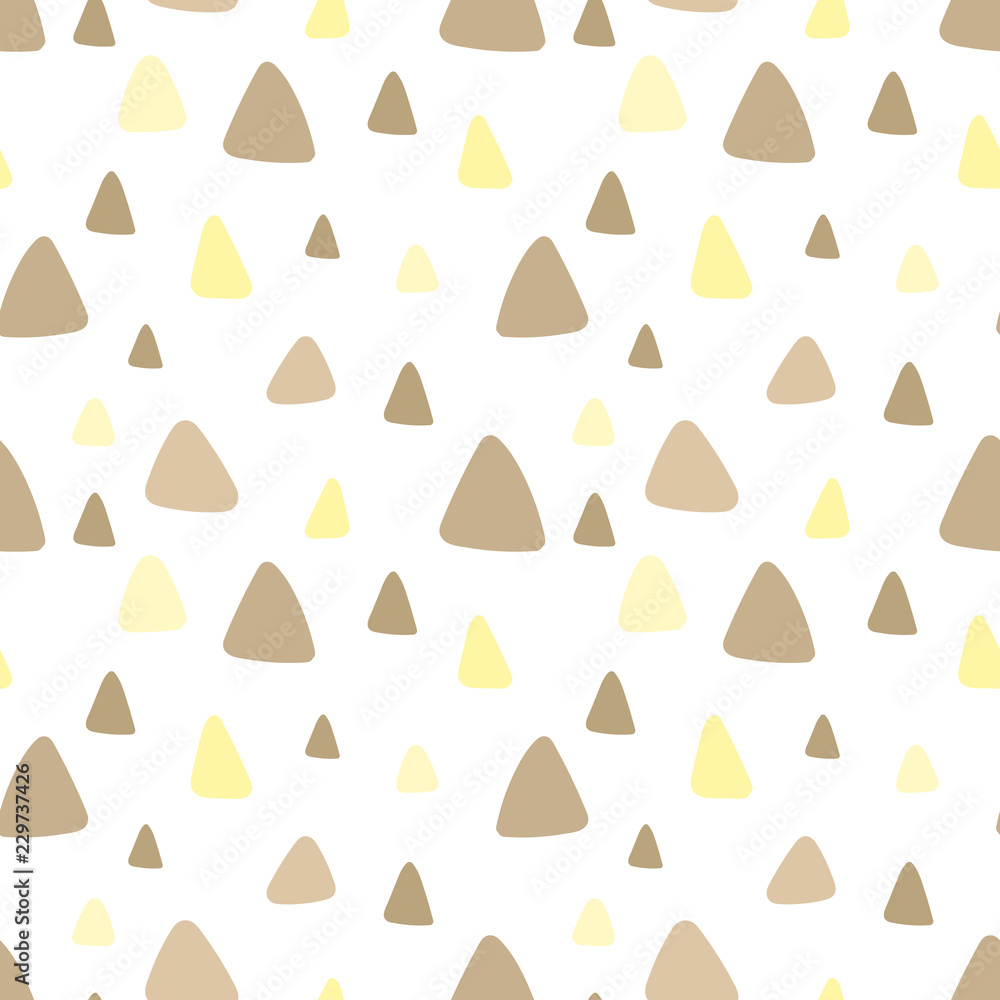 Seamless pattern of beige and yellow triangles. Concept of baby shower, birthday, holiday, texture, background, wallpaper, wrapping paper, print for clothes, cards, banner. Vector illustration Seamless pattern of beige and yellow triangles. Concept of baby shower, birthday, holiday, texture, background, wallpaper, wrapping paper, print for clothes, cards, banner. Vector illustration