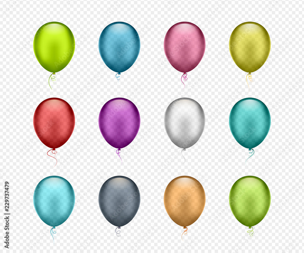 Set of colorful helium balloons on transparent background. Vector realistic air balloons
