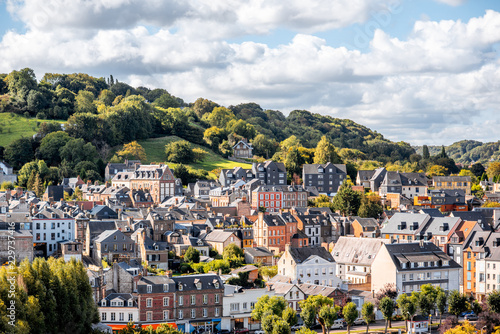 Aerial view on the hill and old buildings in Honfleur, famous french town in Normandy
