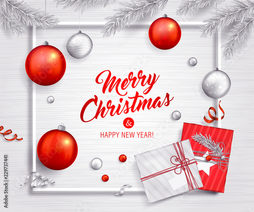 Beautiful bright background with Christmas decoration. Vector poster of happy new year 2019 with red and silver balls, gifts, christmas tree branches and ribbons. Holiday greeting card
