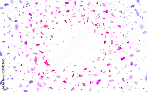 flying pink and purple confetti. Abstract background with explosion particles. Vector illustration can be used for greeting card, carnival, holiday, celebration.