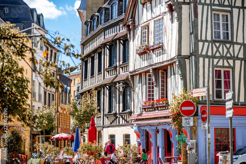 Fototapeta Beautiful colorful half-timbered houses in Rouen city, the capital of Normandy r