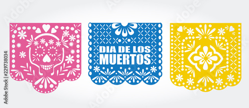 Dia de los muertos (day of the dead) Mexican  traditional bunting banner vector. Papel picado template.