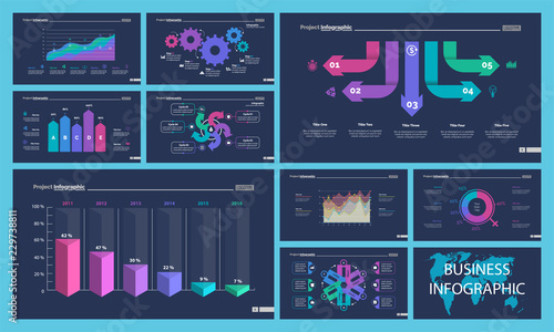 Business infographic presentation slide design set can be used for workflow layout, annual report, web design. Statistics concept. Flow chart, option graph, process chart, timeline diagram, area chart