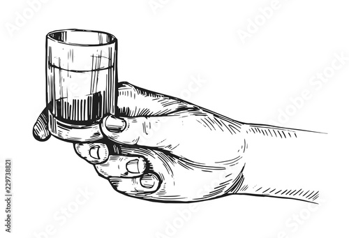 Hand holding alhocol drink. Hand drawn sketch converted to vector