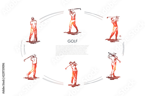 Golf - man with golf club in different active poses vector concept set