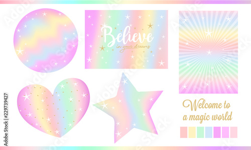 Set of fantasy card for little princess. Unicorn rainbow stickers in pastel c...