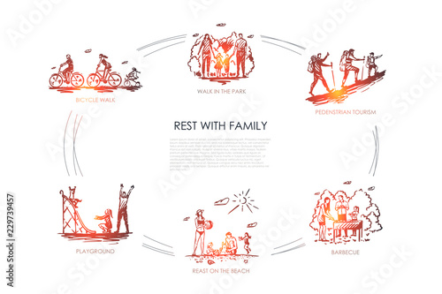 Rest with family - walk in park, bicycle walk, playground, barbecue, pedestrian tourism, rest on beach vector concept set
