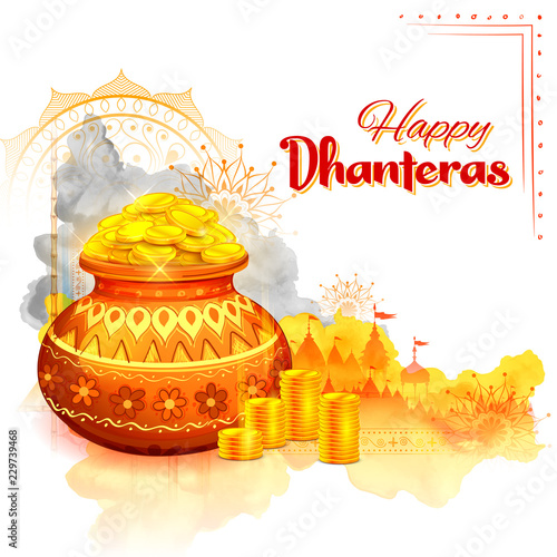 Gold coin in pot for Dhanteras celebration on Happy Dussehra light festival of India background