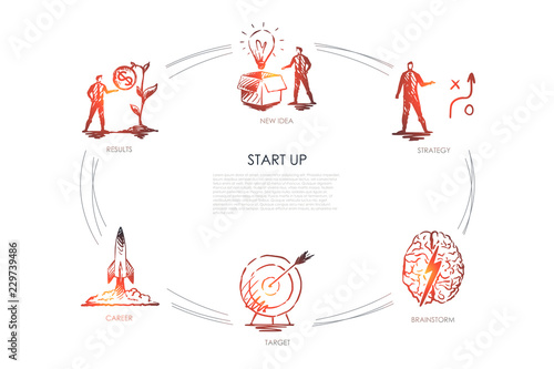Start Up - new idea, strategy, results, career, target, brainstorm vector concept set