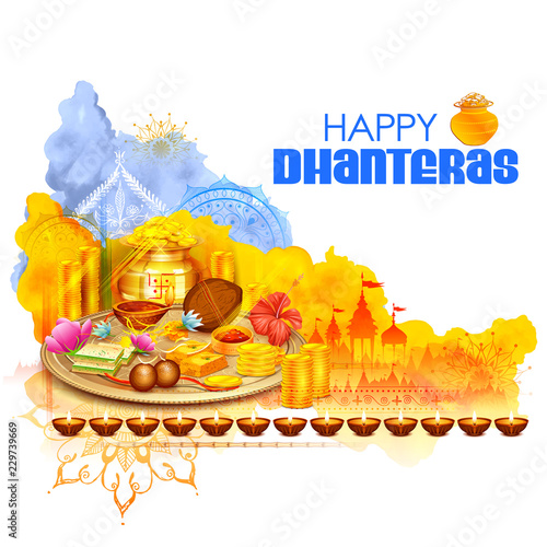 Gold coin in pot for Dhanteras celebration on Happy Dussehra light festival of India background