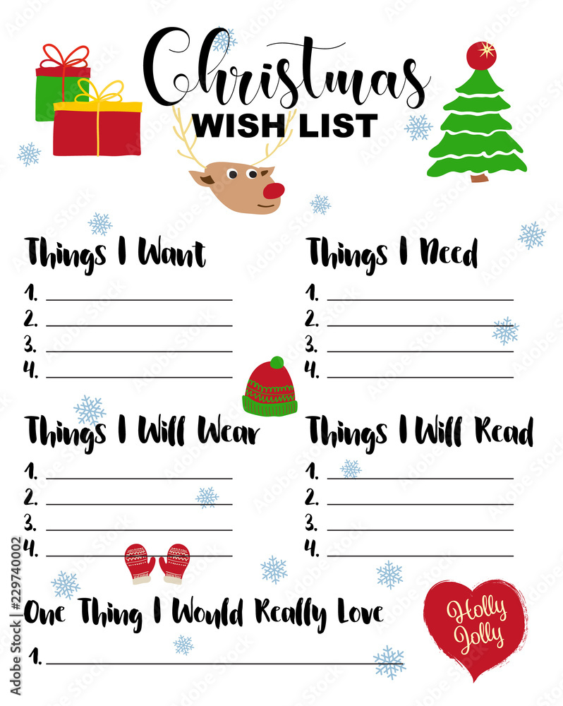 Christmas Wishlist for kids, vector illustration. Cute cartoon Inside Christmas Card List Template