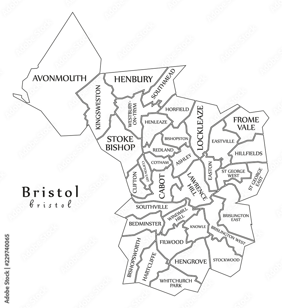 Modern City Map - Bristol city of England with wards and titles UK outline map