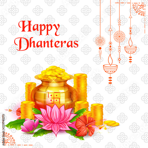 Gold coin in pot for Dhanteras celebration on Happy Dussehra light festival of India background