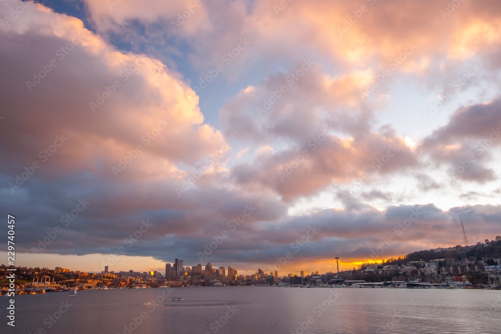 The Seattle skyline at sunset from Gasworks park
