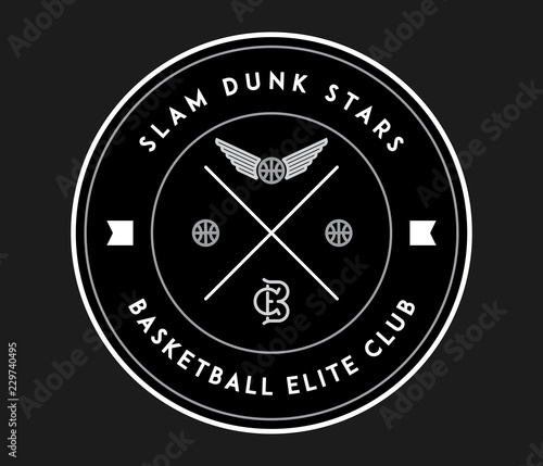 basketball slam dunk stars white on black