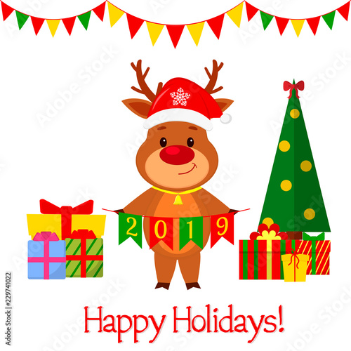 Happy New Year and Merry Christmas greeting card. A cute deer in a Santa hat and a bell holding flags 2019. A Christmas tree and boxes with gifts. Cartoon style. Vector © LanaMay