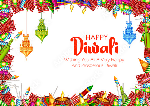Colorful fire cracker on Happy Diwali background for light festival of India