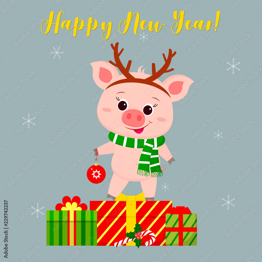 Happy New Year and Merry Christmas greeting card. Cute pig in the horn of a deer and a scarf holding a ball. It is on the box with a gift. The symbol of the new year in the Chinese calendar. Vector Happy New Year and Merry Christmas greeting card. Cute pig in the horn of a deer and a scarf holding a ball. It is on the box with a gift. The symbol of the new year in the Chinese calendar. Vector