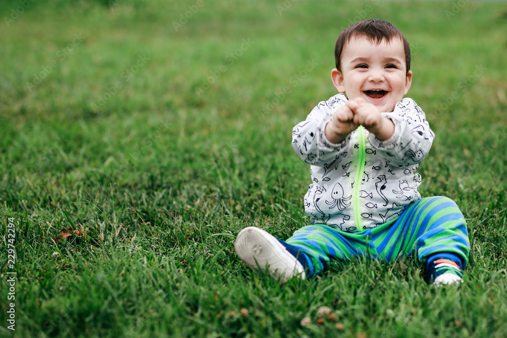 first steps of cute baby boy on footpath among greens first steps of cute baby boy on footpath among greens