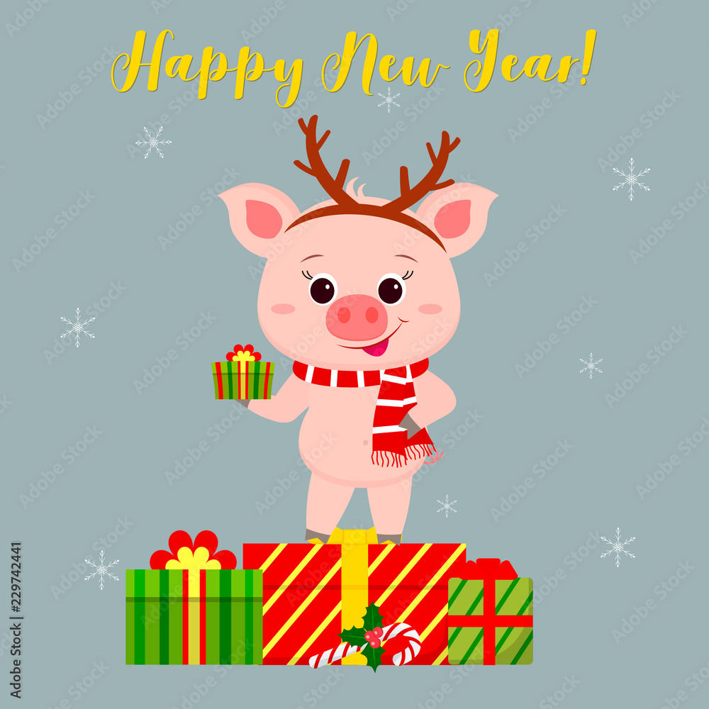 Happy New Year and Merry Christmas Greeting Card. Cute pig in a deer antler and a scarf holding a lollipop. It is on the box with a gift. The symbol of the new year in the Chinese calendar. Vector Happy New Year and Merry Christmas Greeting Card. Cute pig in a deer antler and a scarf holding a lollipop. It is on the box with a gift. The symbol of the new year in the Chinese calendar. Vector
