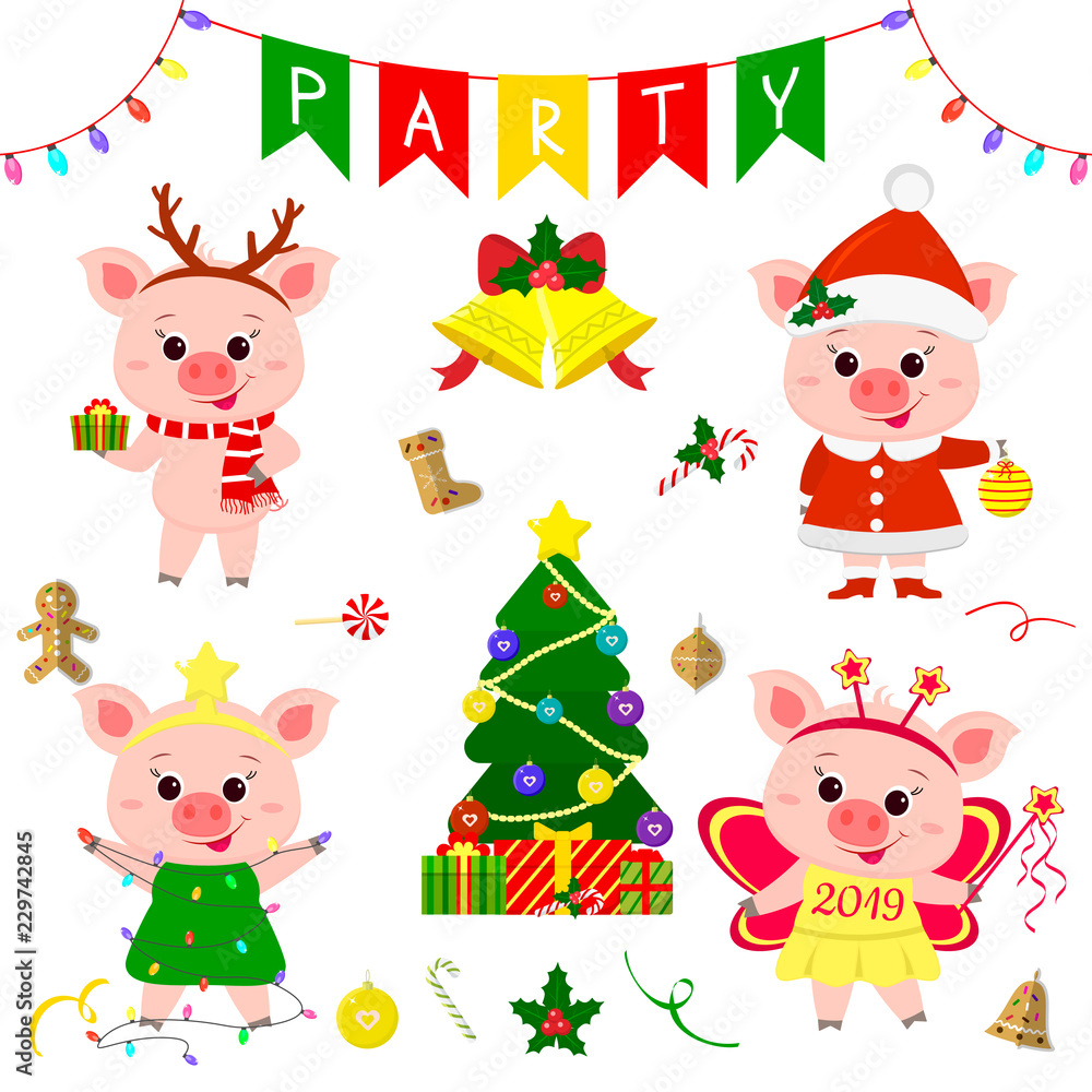 Happy New Year and Merry Christmas. A set of four cute pigs in different costumes. Christmas tree, gifts and other party items. The symbol of the new year in the Chinese calendar. 2019. Vector Happy New Year and Merry Christmas. A set of four cute pigs in different costumes. Christmas tree, gifts and other party items. The symbol of the new year in the Chinese calendar. 2019. Vector