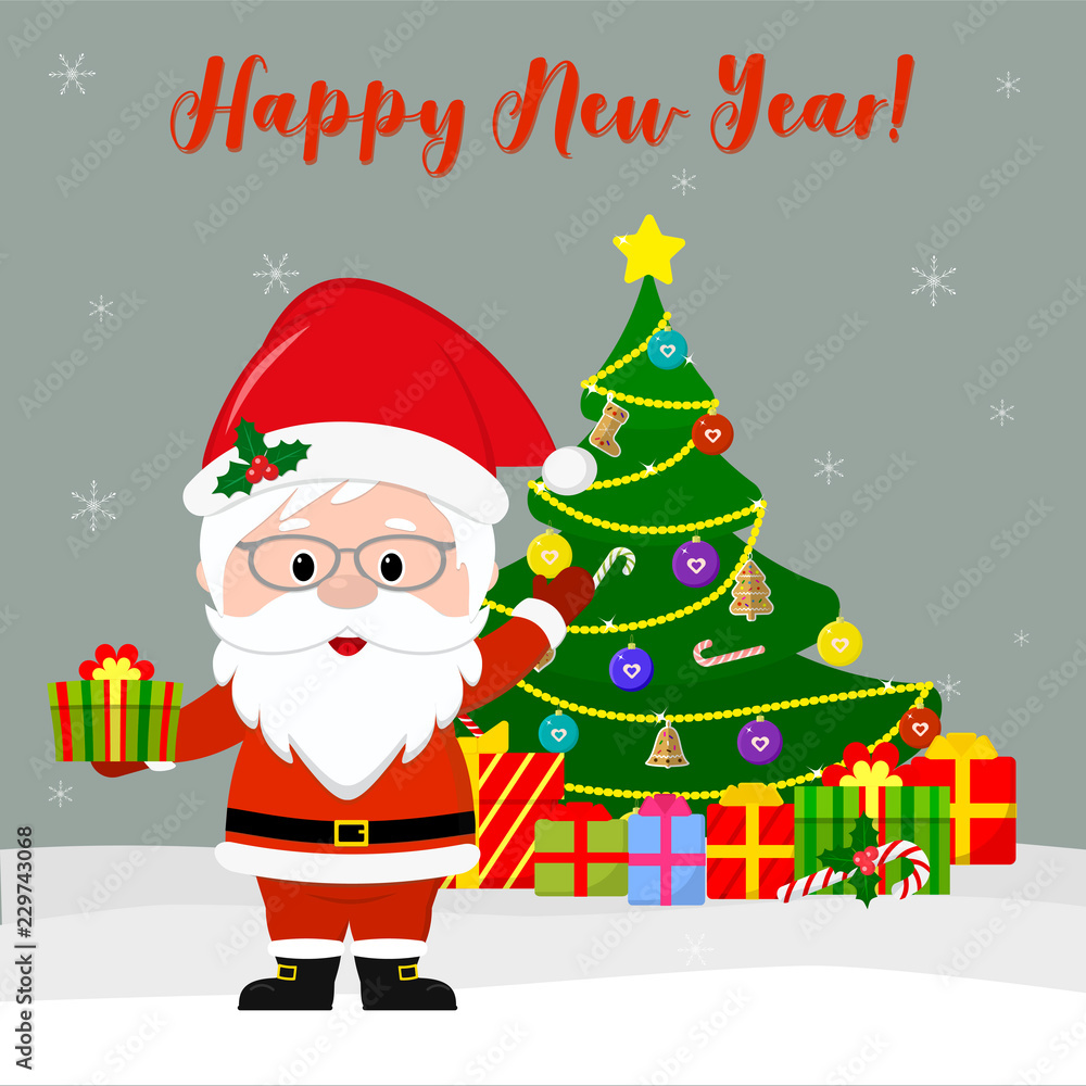 Happy New Year and Christmas Card. Cute Santa Claus in glasses holds a gift, next to the Christmas tree and boxes with gifts in the winter against the background of snowflakes. Cartoon style, vector Happy New Year and Christmas Card. Cute Santa Claus in glasses holds a gift, next to the Christmas tree and boxes with gifts in the winter against the background of snowflakes. Cartoon style, vector
