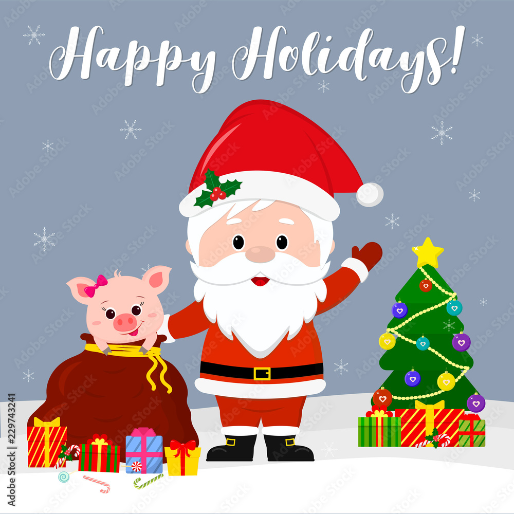 Happy New Year and Christmas Card. Cute Santa Claus holds a red bag with a cute pig, a Christmas tree and a gift in the winter against the background of snowflakes. Cartoon style, vector Happy New Year and Christmas Card. Cute Santa Claus holds a red bag with a cute pig, a Christmas tree and a gift in the winter against the background of snowflakes. Cartoon style, vector