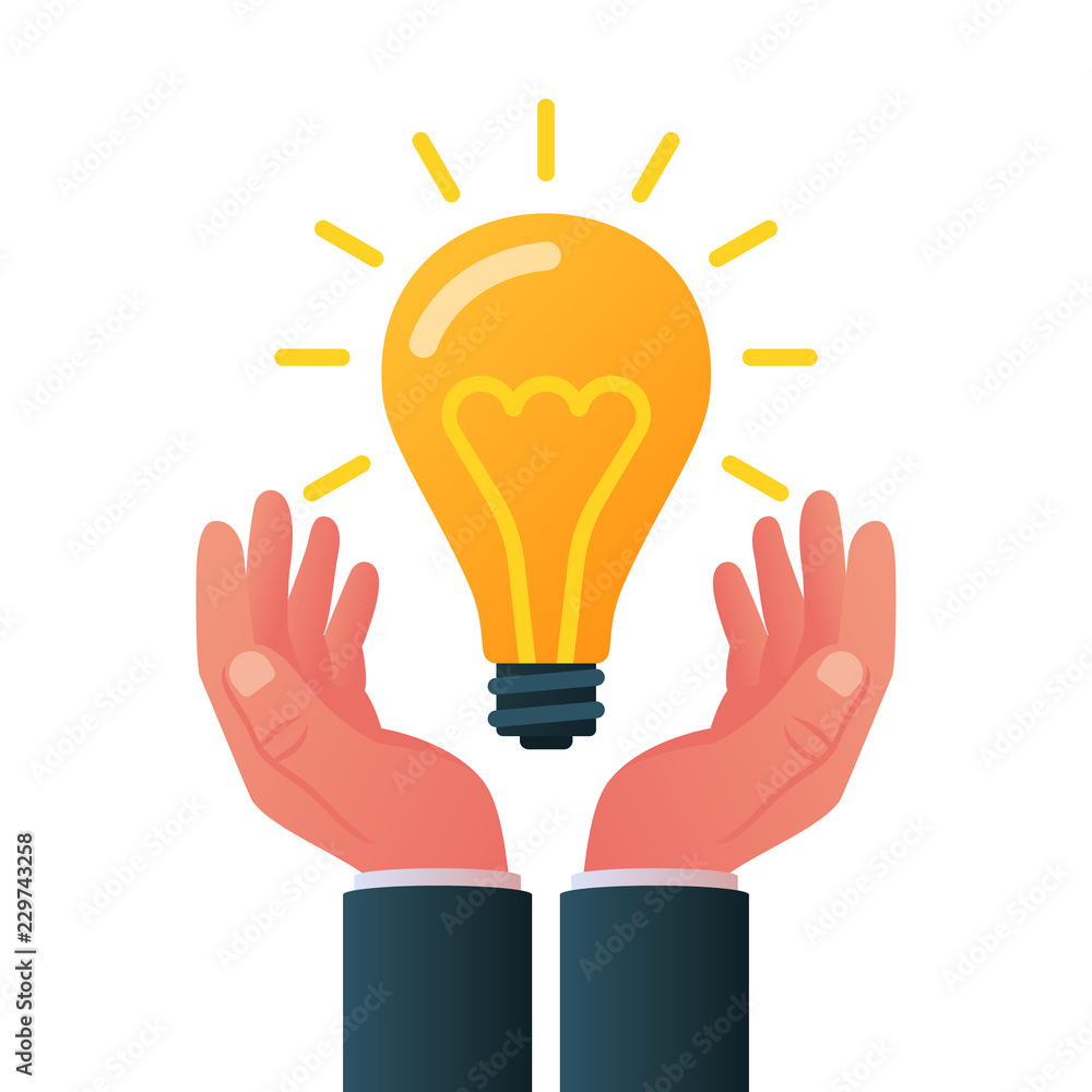 Save idea in hand man. Human hold big a glowing lamp. Vector illustration modern flat style design.
Save idea in hand man. Human hold big a glowing lamp. Vector illustration modern flat style design.