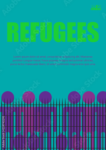Migrants and refugees are standing behind closed and shut barrier, fence made of barbed wire. Eps10 vector illustration