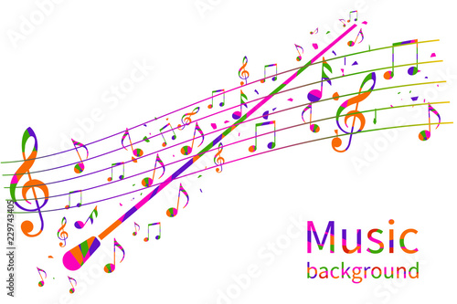 Colorful music background. Abstract conductor orchestra. Conductor's stick. Musical notes template. Vector illustration flat design. Maestro composer.