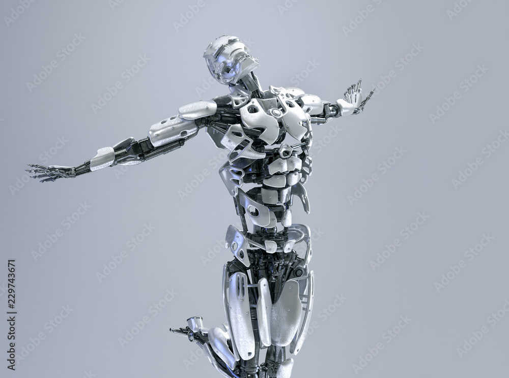 A male humanoid robot, android or cyborg arms up pose, freedom or happiness  concept. Artificial intelligence technology concept. 3D illustration Stock  Illustration | Adobe Stock