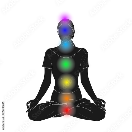 Padmasana or Lotus Pose with Chakras. Vector.