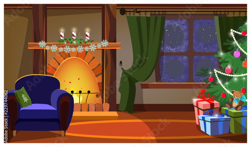 Cozy room with fireplace and Christmas tree vector illustration. Living room decorated with Christmas toys. Comfort concept