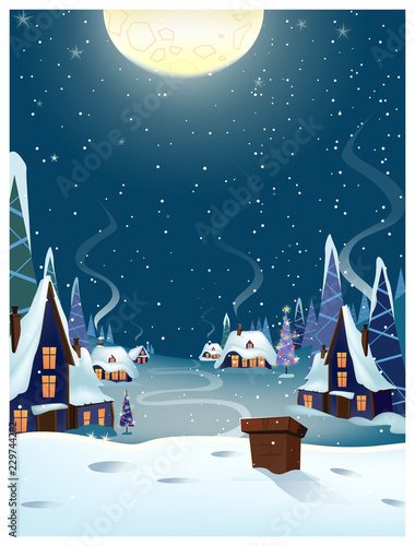 Winter village with houses vector illustration. Countryside houses with illuminated windows and steam from chimneys. Christmas night illustration