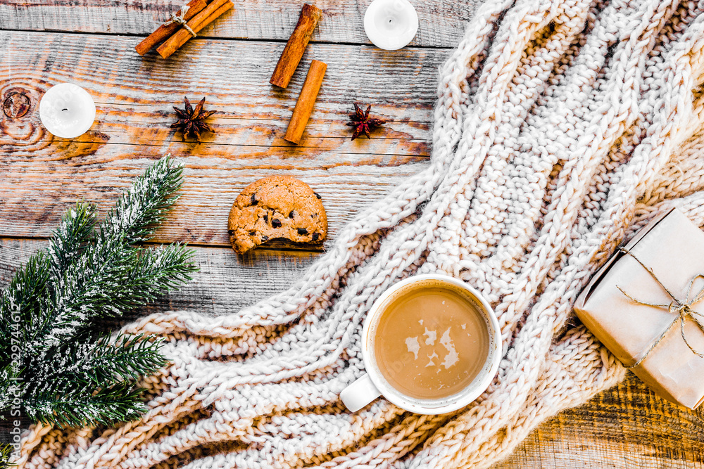 Christmas evening with cup of cocoa wooden background top view Christmas evening with cup of cocoa wooden background top view