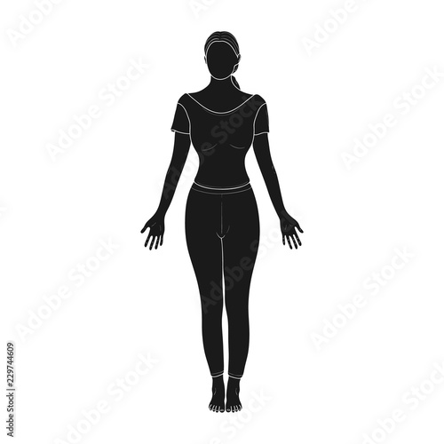 Silhouette of a Girl Standing with Feet Together and Palms Forward. Tadasana Yoga Pose. Vector.