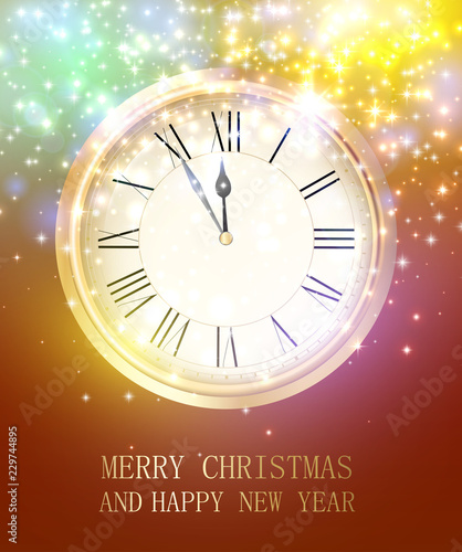 Merry Christmas and Happy New Year shiny greeting card with round clock.